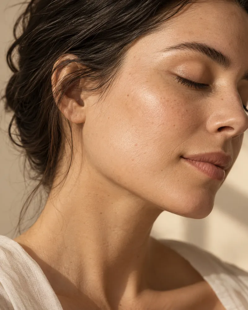 Imagem ilustrativa de uma modelo adulta fictícia, com enquadramento parcial do rosto e textura natural da pele; não representa Lavínia ou uma cliente.